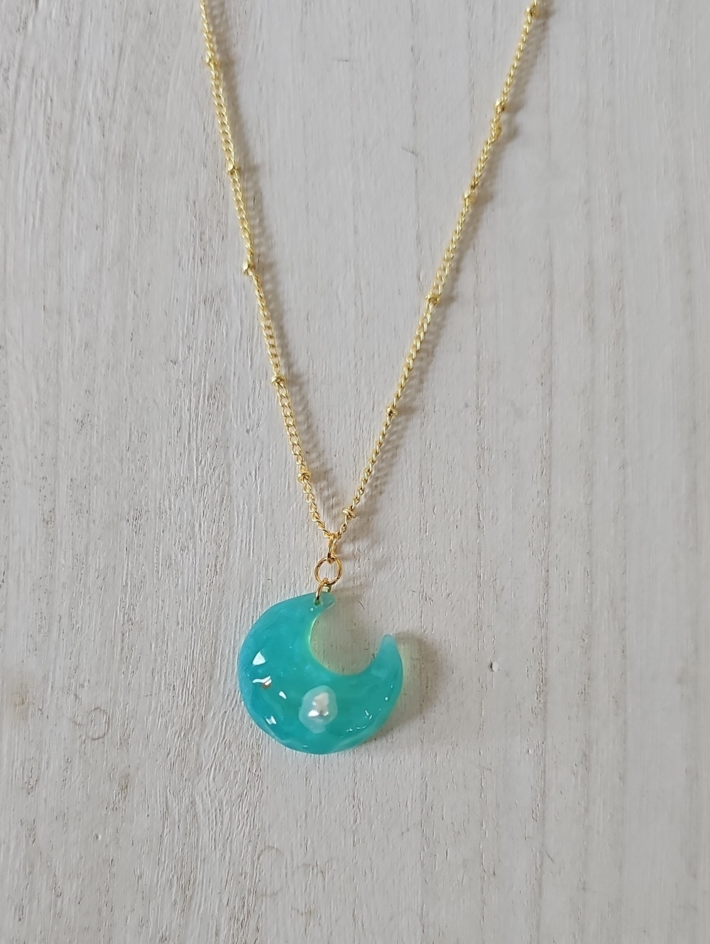 Gold Chain Necklace with Teal Crescent Moon Pendant